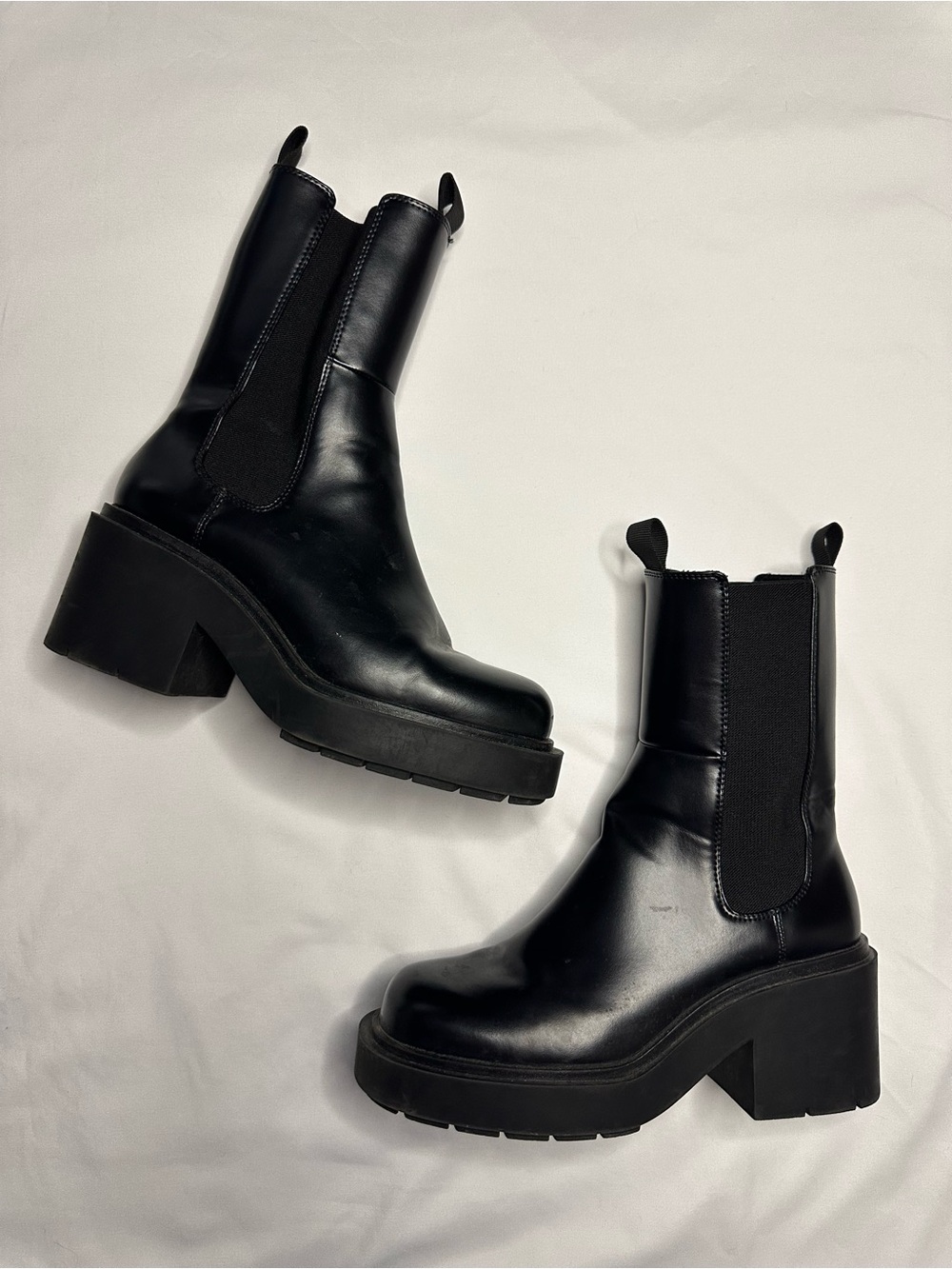 H&M Womens Black Faux Leather Platform Tall Chelsea Boots